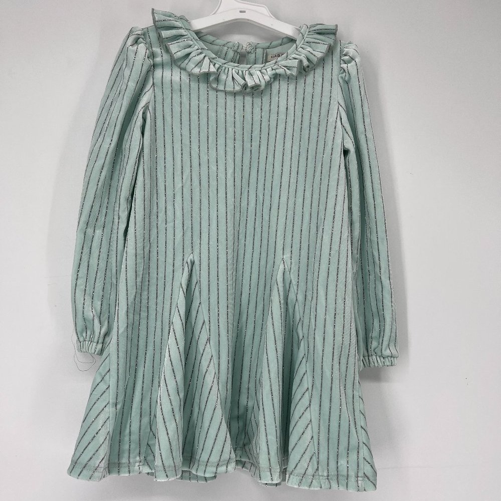 Habitual Girl's Glitter Striped Long Sleeve Ruffle Neck Dress Green 5/6 NWOT